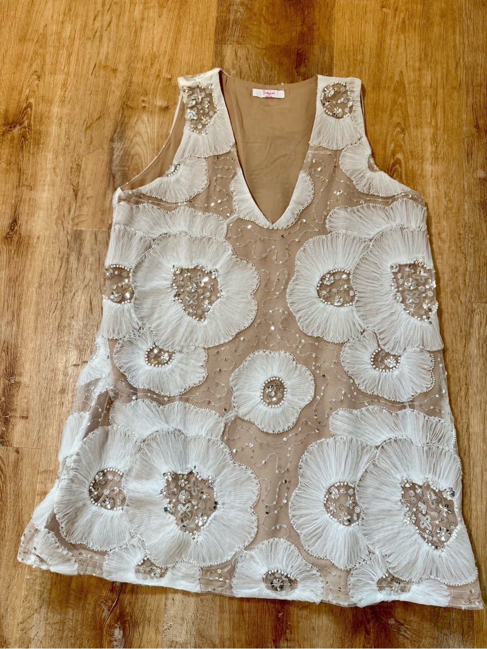 Embellished Ivory Floral Mesh V-Neck Tank Top
